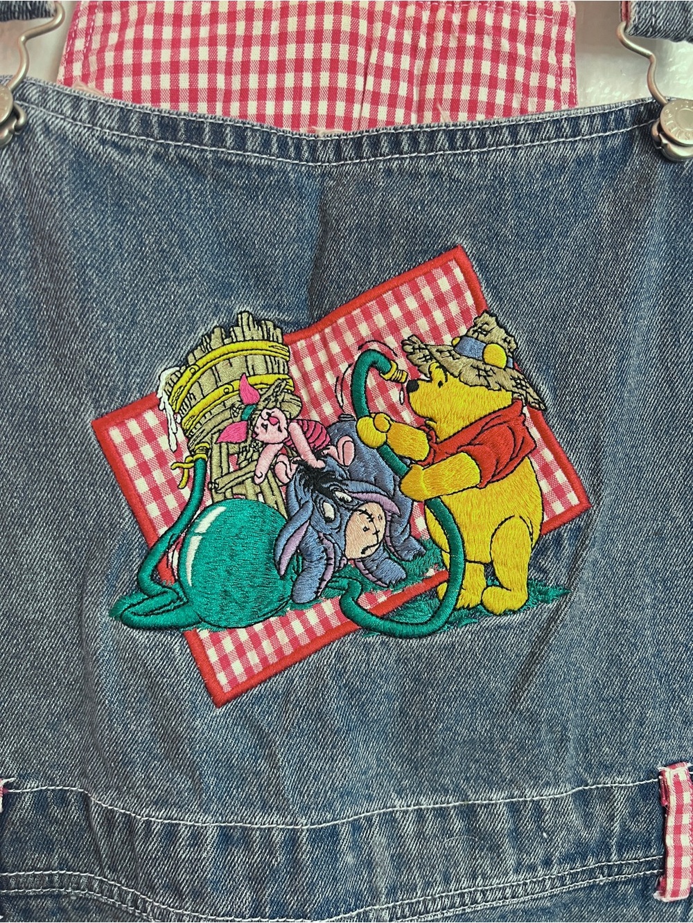 Disney Blue Denim Short Overalls with Red Gingham Accents - Picture 4 of 6